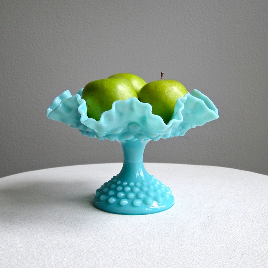 Turquoise Blue Milk Glass Footed Compote by Fenton, 1950s Footed Bowl