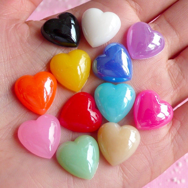 Heart Cabochons Mix (Candy Color) (12 pcs) Colorful Assorted Heart Cabochon Kawaii Cell Phone Deco Decoden Supplies RHE017