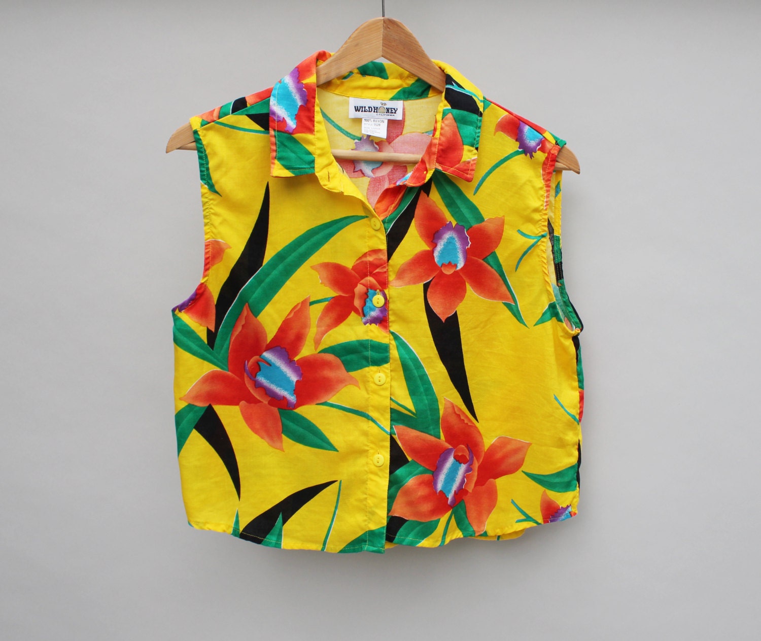80s vintage cropped tropical blouse, lightweight rayon, bright yellow - Small / Medium
