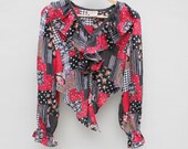 90s vintage sheer ruffle neck blouse, patchwork style print, cropped, ties at navel - Small