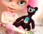 Felted Brown teddybear. miniature animal toy, needle felted. Blue heart. wool Blythe Teddy Bear Friend.