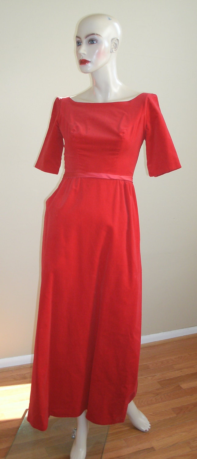 50s Vintage Valentine's red velvet formal ball gown duchesse retro bridesmaid satin panel bow prom dress XS