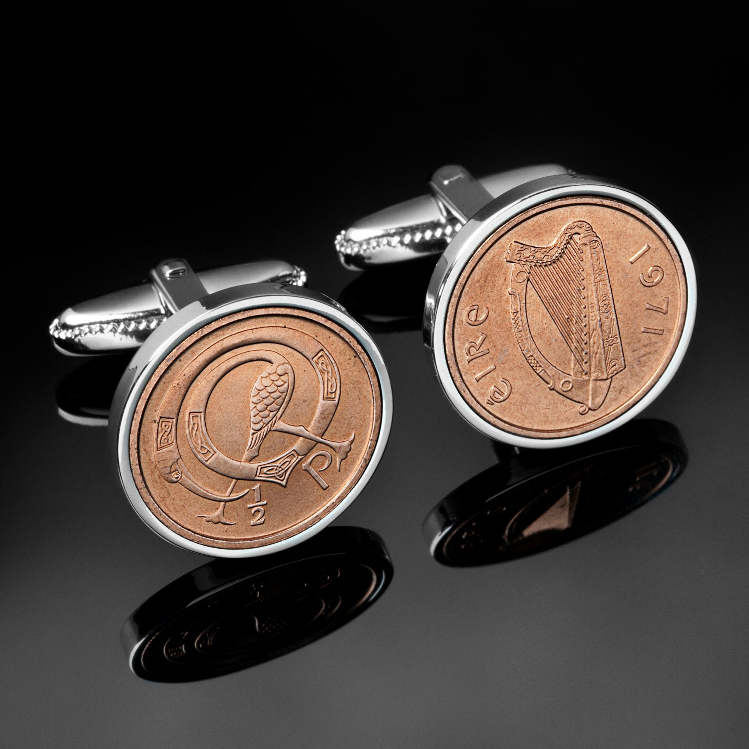 1982 Irish Gift - Irish Halfpenny Ornamental Bird Coin Cufflinks
