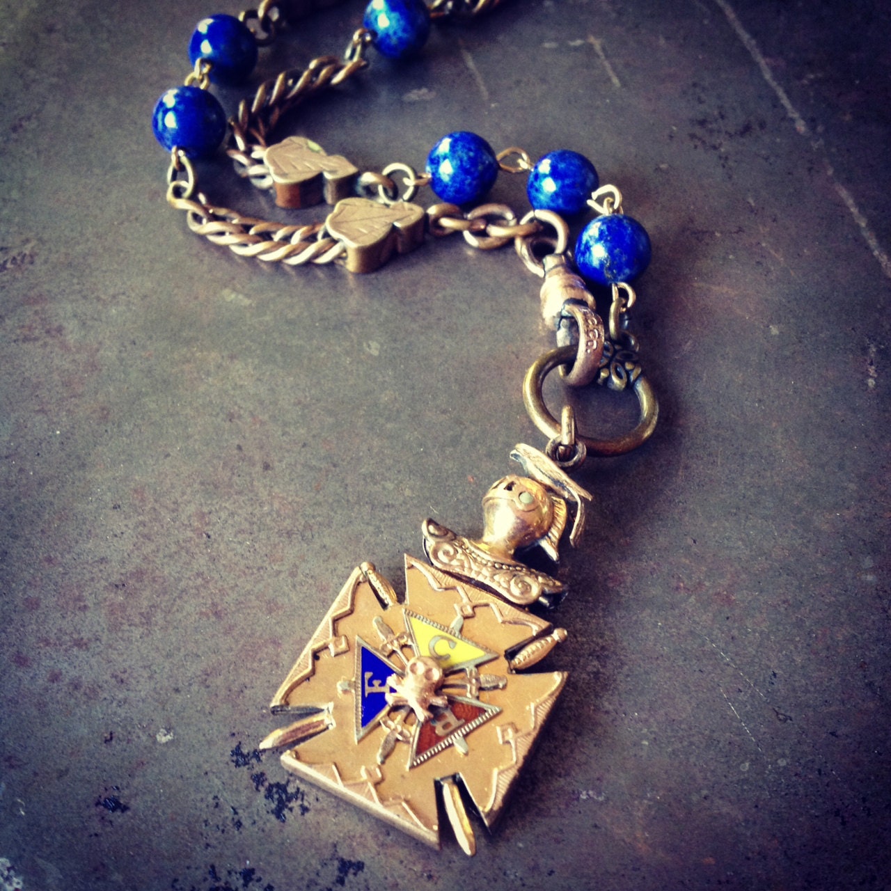 Gold Watch Fob Necklace - Oddfellows Knight Blue Lapis Lazuli Necklace ANTIQUITY Collection OOAK by Compass Rose Design