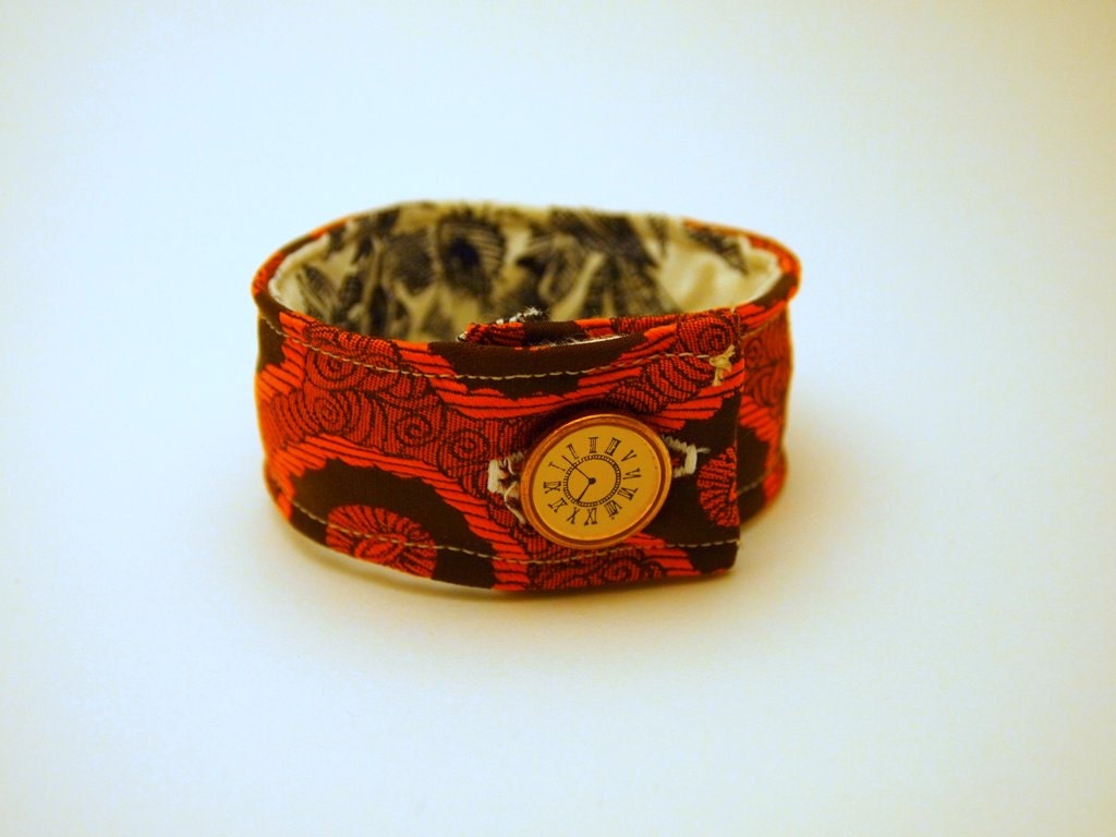 Up-cycled Vintage Retro Brown and Orange Necktie Bracelet Cuff Wrist Tie unique clock button closure