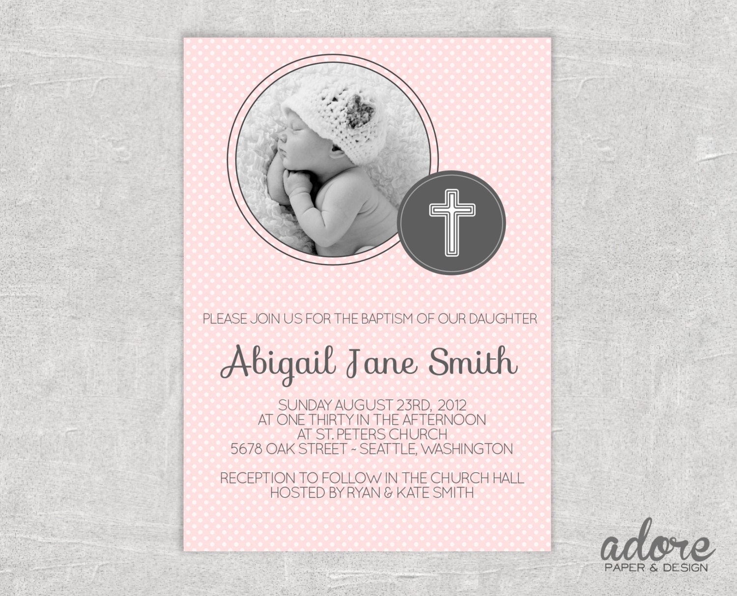 Pink Polka Dot Cross Printable Photo Baptism Invite - Choose your colors