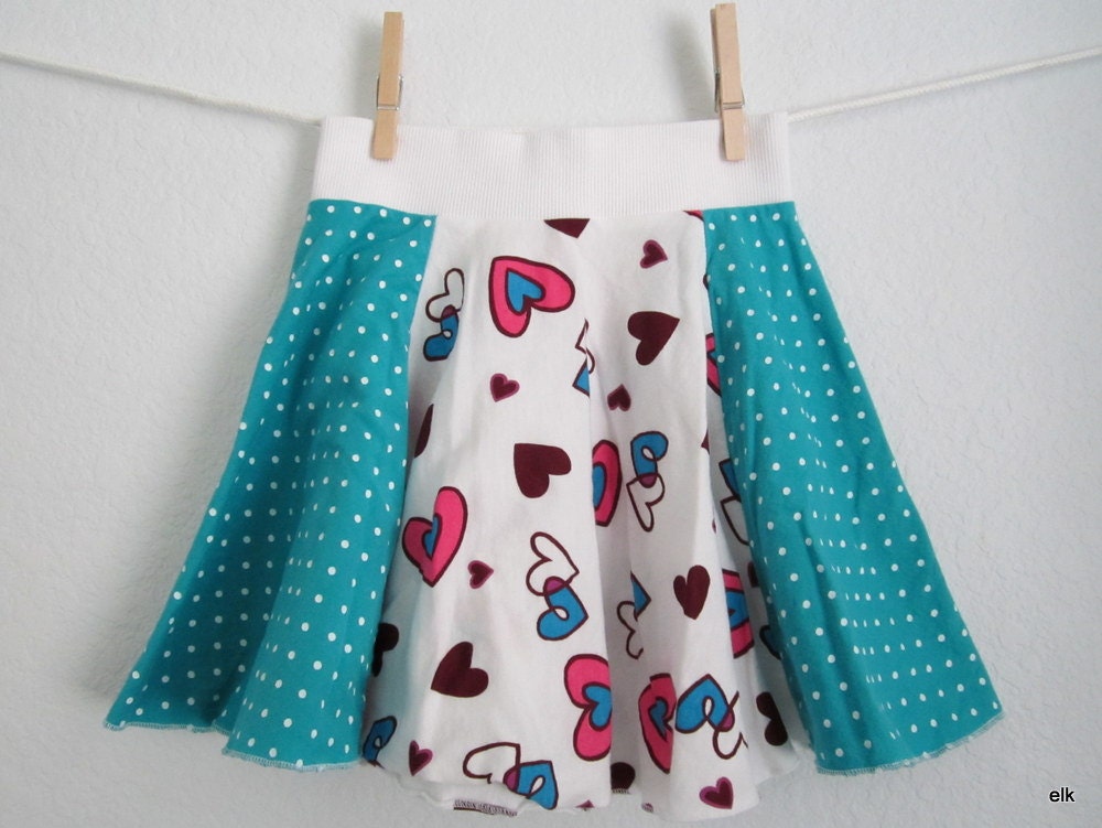 Girls Skirt - Teal Polka Dots and Hearts Twirl, READY TO SHIP (12-18m, 2T, 3/4, 5/6)