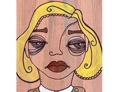 DOWNLOADABLE original art. Outsider art blond haired girl woman face cartoon illustration. Printable PDF download