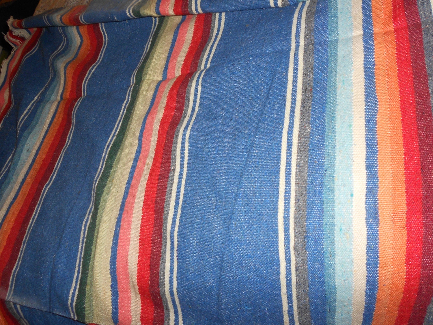 Mexican Serape Woven Wool Saltillo/ Rug / Blanket- Vintage 30s Folk Art Textile. Rainbow Stripes With Navy Blue