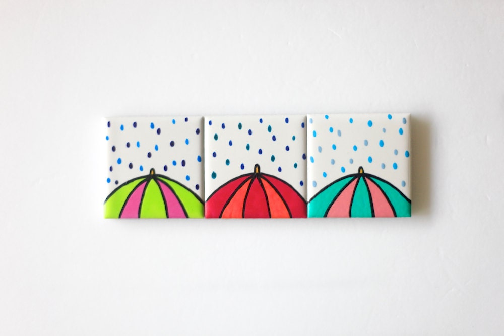 Hand Painted Ceramic Tile Magnets - Rainy Days set of 3 . S349