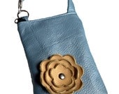 Blue Metallic Pearlized Leather with Tan Beige Sand Poppy Flower Cell Phone Ipod Iphone Galaxy Droid Camera Gadget Case Zipper Pouch