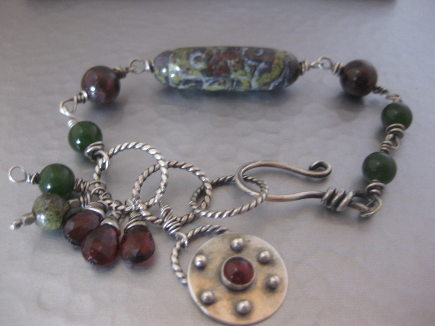 Bloodstone and Garnet Sterling silver wire wrapped Bracelet