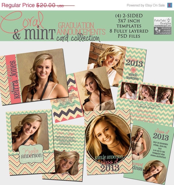 SALE Coral and Mint Graduaton Announcement COLLECTION- Set of 4 custom photo templates for photographers on WHCC and ProDigitalPhotos Specs