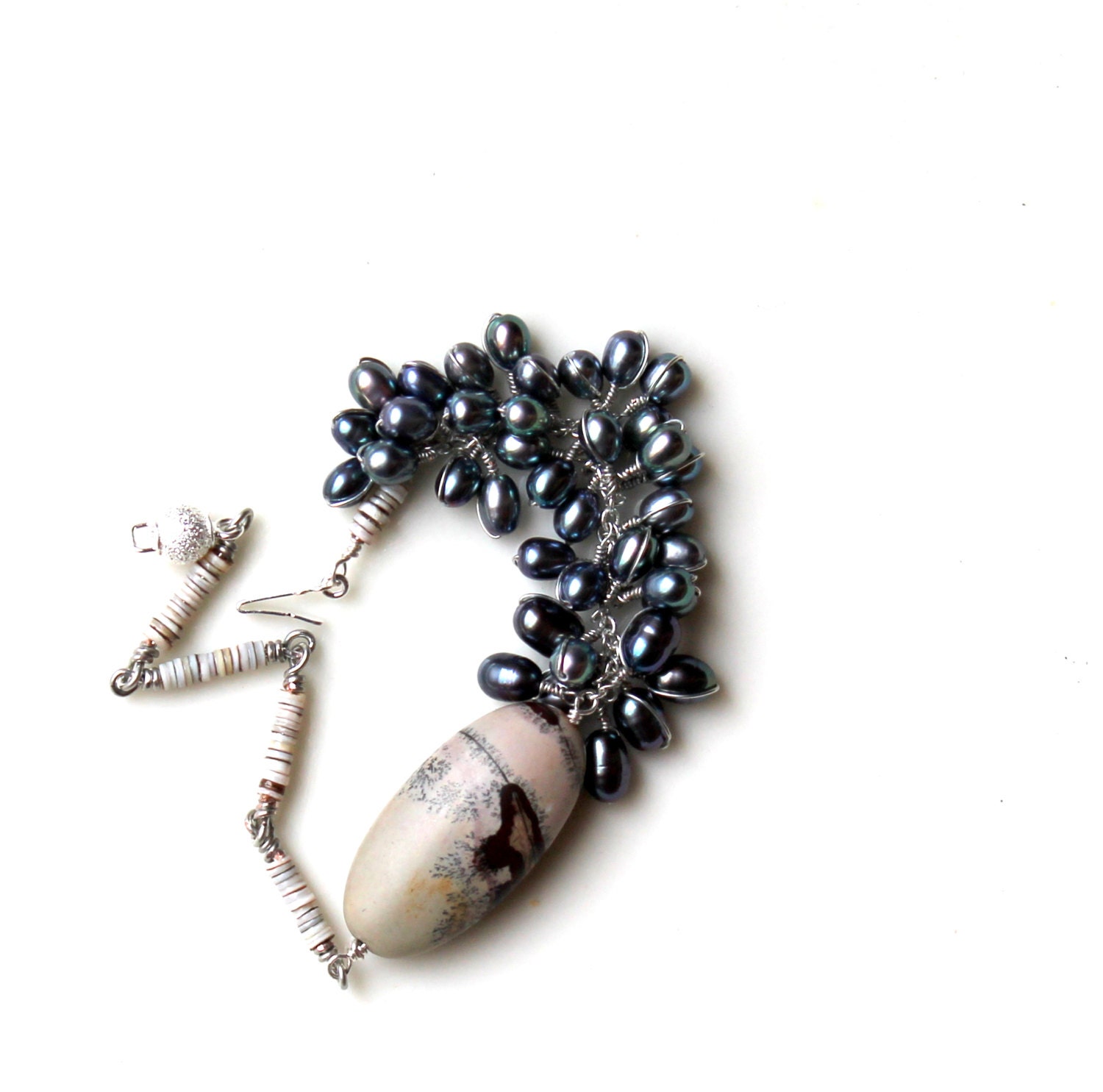 peacock blue pearl bracelet / assymetric / wire wrapped jewelry by uniquenecks / jasper bead / starburst box clasp / green heishi seashells