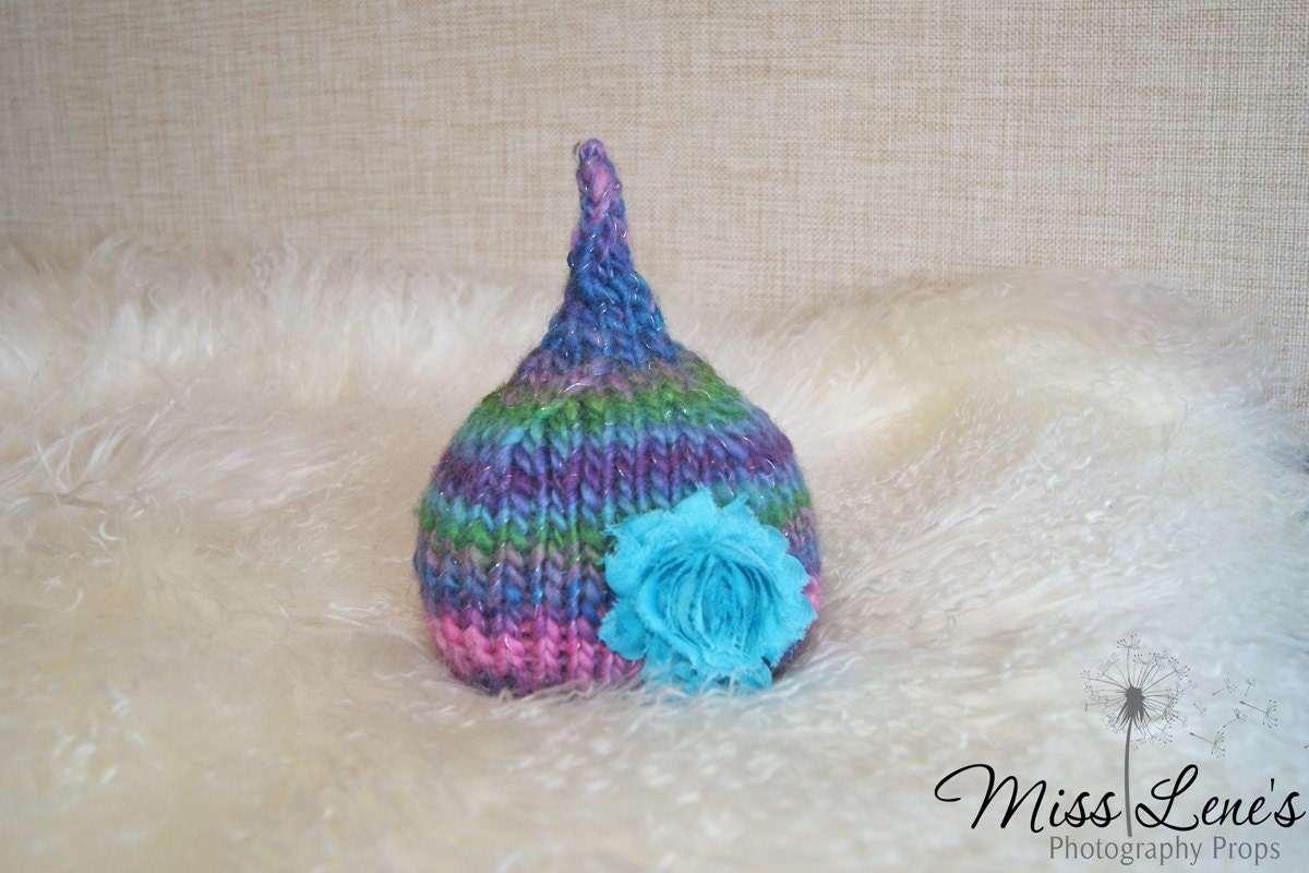 OOAK, Newborn Baby Girl Shabby Chic Pixie Hat, Gnome Hat, Flower Hat, Handspun Baby Hat, Newborn Photo Prop