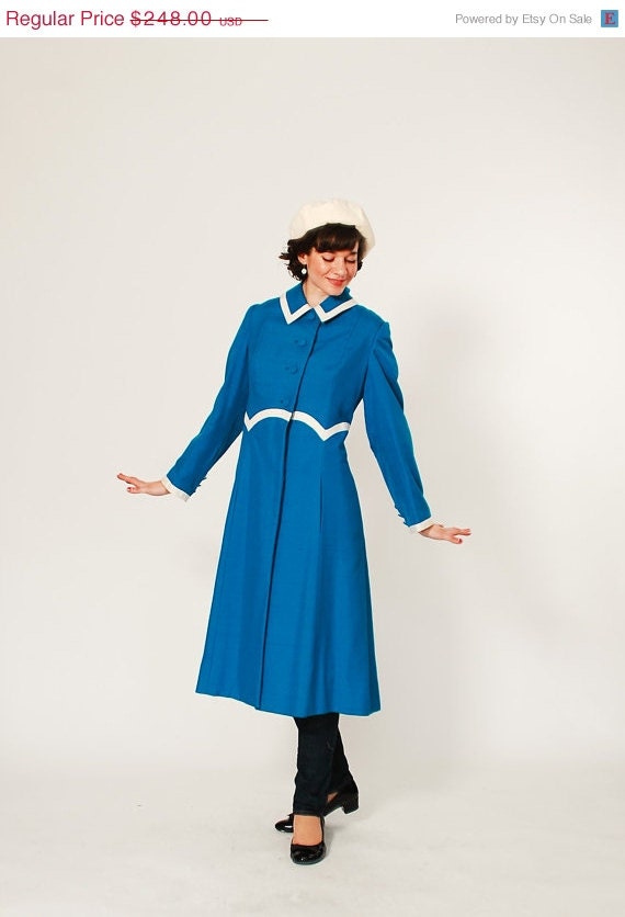 20% OFF - 1960s MOD Coat - 60s Silk Coat - Cobalt & White