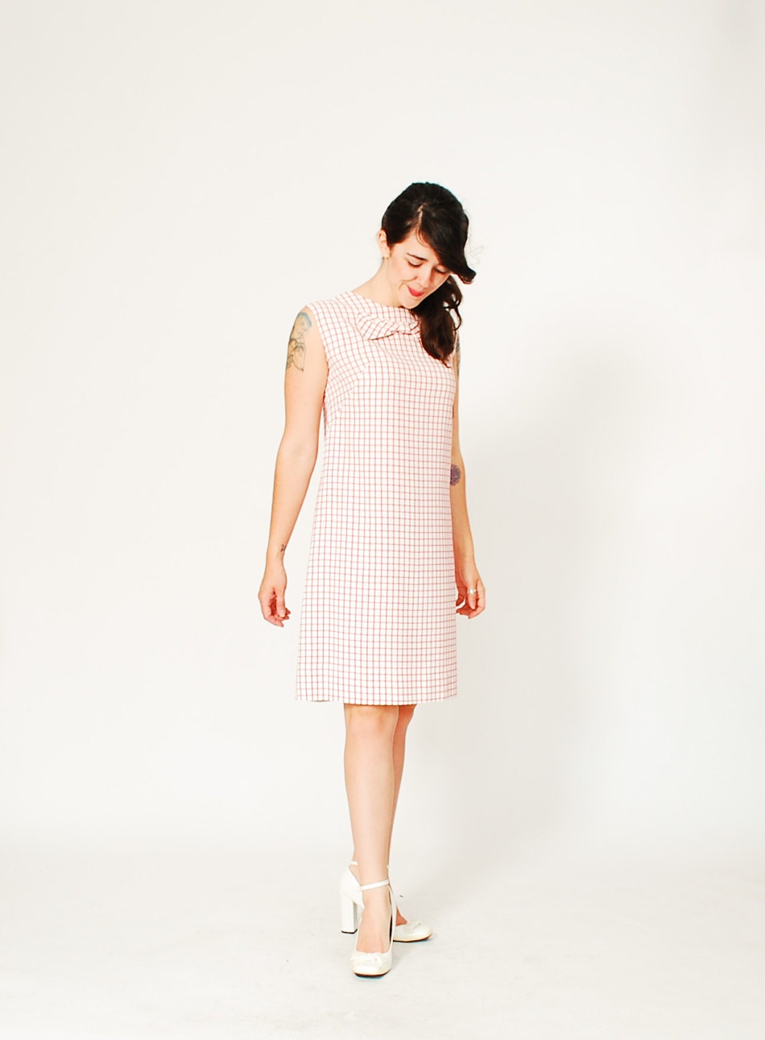 60s Dress - 1960s Shift Dress - Soft Red Pinstripe Plaid