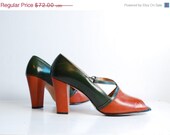 30% OFF - 1970s Shoes - 70s does 40s Shoes - Sienna & Olive Leather Peep Toe