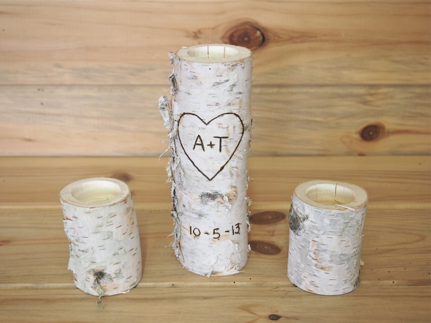 Personalized WHITE BIRCH Unity Candle Holder -Tea Candle Size - Natural Rustic Woodland Wedding Decor