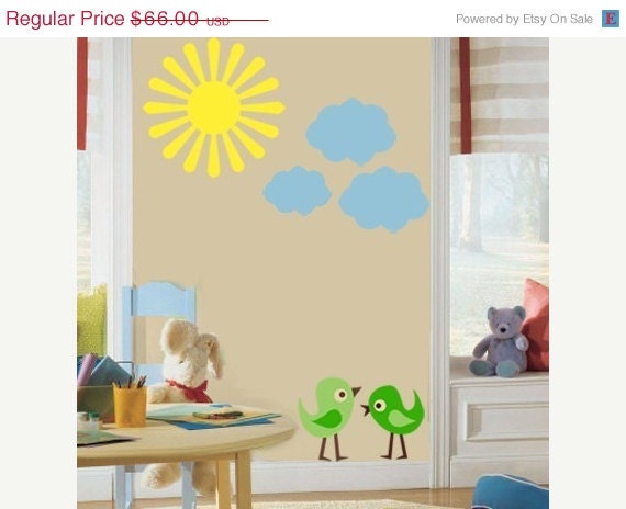 SALE 10% OFF Wall Decal Children Birds Sun Clouds Childrens Vinyl Wall Decal Art