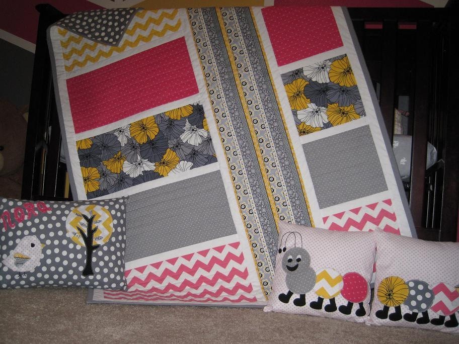 Chevron Baby Quilt "NORA LANE", Crib Quilt, Pink, Gray, Yellow Oversized Quilt, Toddler Quilt, Modern, all Natural, Custom Order