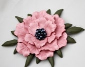 Flower pin leather pin pink  flower pin leather flower brooch poppy pin with crystal beads and olive green leaves