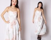 Strapless Sweetheart White Pastel Rose Floral Cotton Prom Wedding Dress / Pastel Rose Wedding / Floral Prom Dress / 1970
