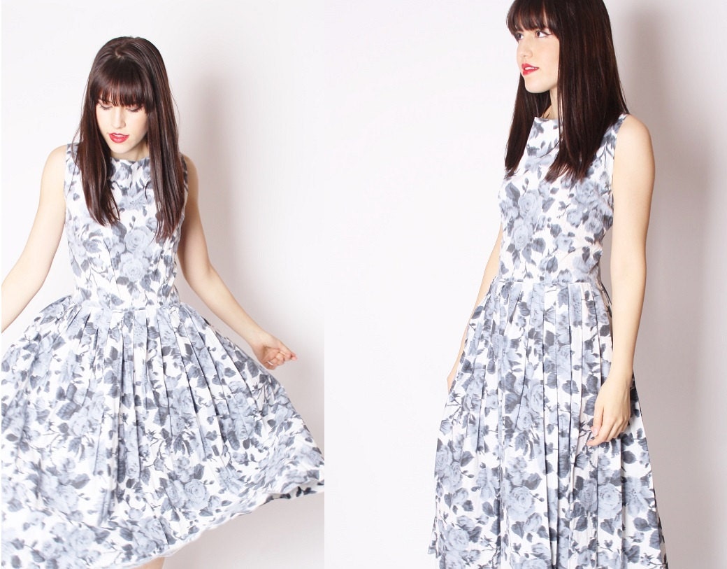 50s Large Black and White Rose Floral Cotton Cocktail Dress / 1950s Cocktail Dress / 50s Dresses / Black and White Vintage / 2247