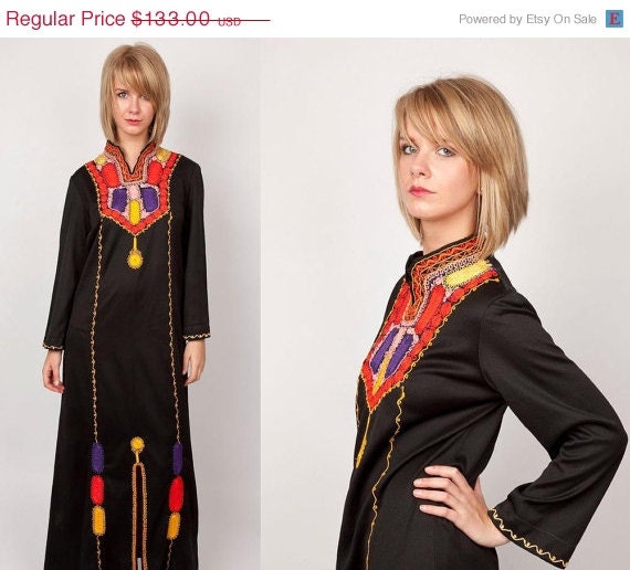 Vintage 1960s Dashiki Kaftan Black Maxi Ethnic Tunic Dress with Geometric Tribal Indian Bold Color Embroidery  0379