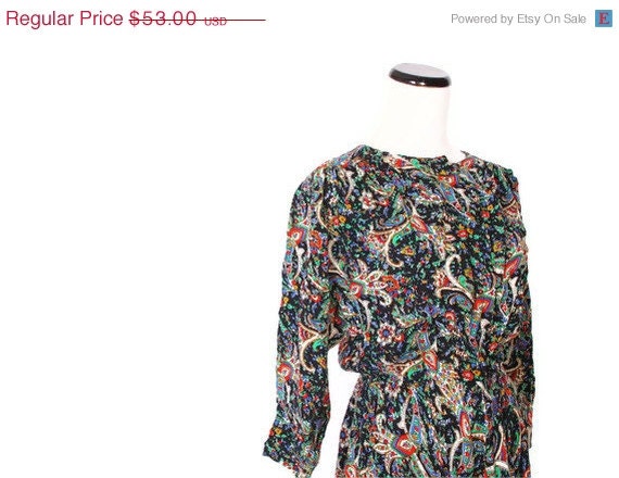 Vintage Paisley Small Black Dress Holiday Style Vintage  / Vintage Dress / Dresses / Paisley / Handkerchief Hem / Christmas Dress /  1457