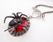 Gothic Blood Spider---Large rare Vintage West Germany Ruby Red faceted glass jewel ox brass spider gothic necklace N63