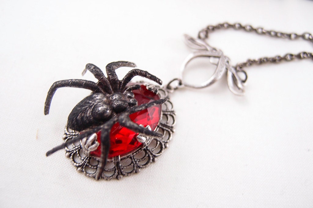 Gothic Blood Spider---Large rare Vintage West Germany Ruby Red faceted glass jewel ox brass spider gothic necklace N63