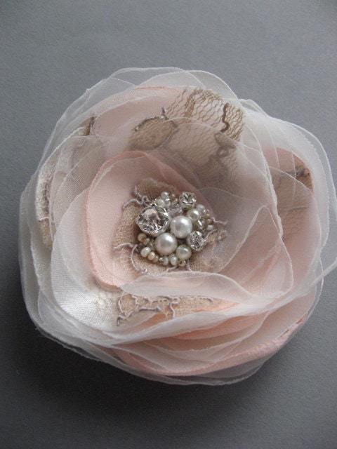 Wedding vintage inspired bridal accessory Tan Ivory Blush Pink Hair clip Flower lace Rose fascinator rhinestone pearls 3 inch