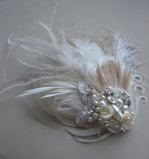 Natural Wedding fascinator bridal hair adornment accessory headpiece Ivory Champagne leaves feather pearl rhinestone