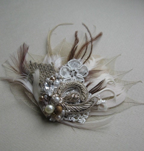 Natural fascinator, burlap Wedding accesory, vintage inspired, bridal hair accessory, antiqued ivory champagne brown nude latte lace