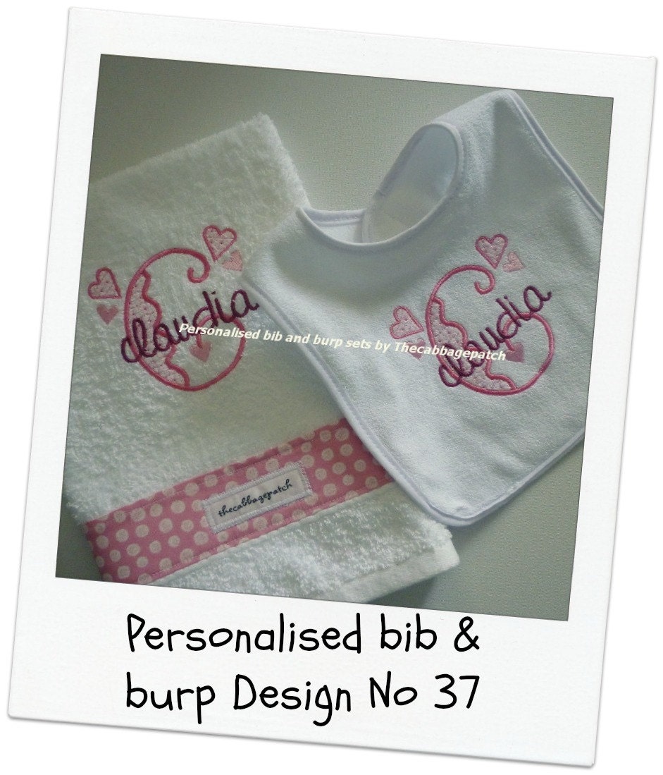 Personalised baby bib and matching burp cloth - Hearts