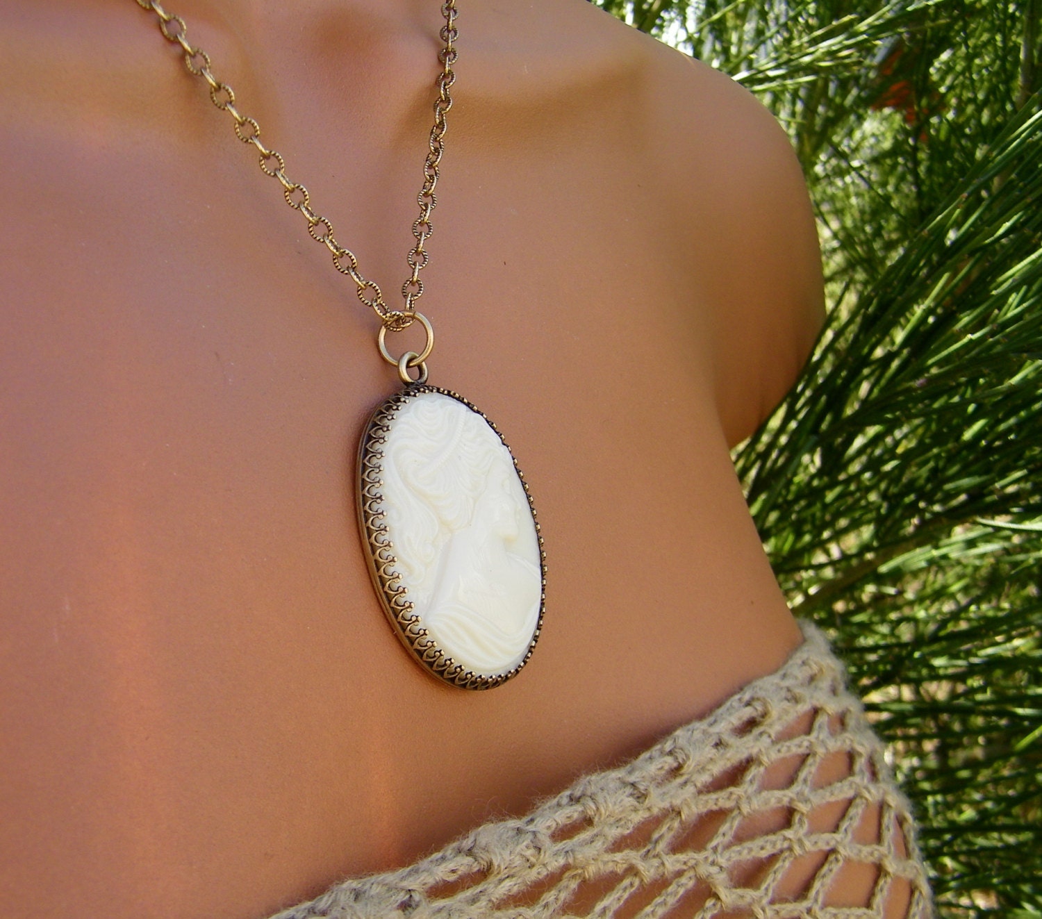 Milk Glass Cameo Pendant Necklace.Vintage Cottage chic Heirloom.