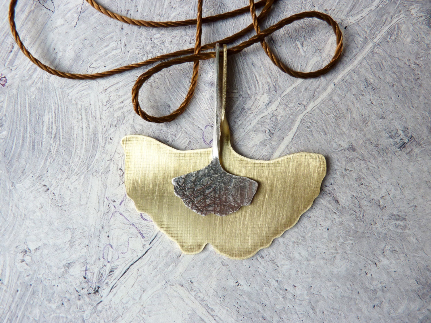 PENDANT sterling silver and gold plated brass contemporary jewelry nature leaves silhouette ginkgo biloba - Flora Collection