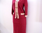 Vintage 60s Boucle Ladies Suit - Light Cranberry Wool Knit Suit - Tailored Mad Men Dress Suit - Size Small to Medium