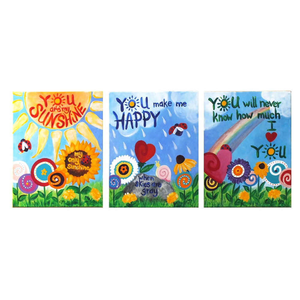 Childrens Wall Art for Girls, You Are My Sunshine Ladybug Garden, Set of 3 11x14 Acrylic Canvases, Nursery and Kids Room Decor