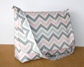 Chevron Purse, Fabric Messenger Bag - Grey and Pink Zig Zag