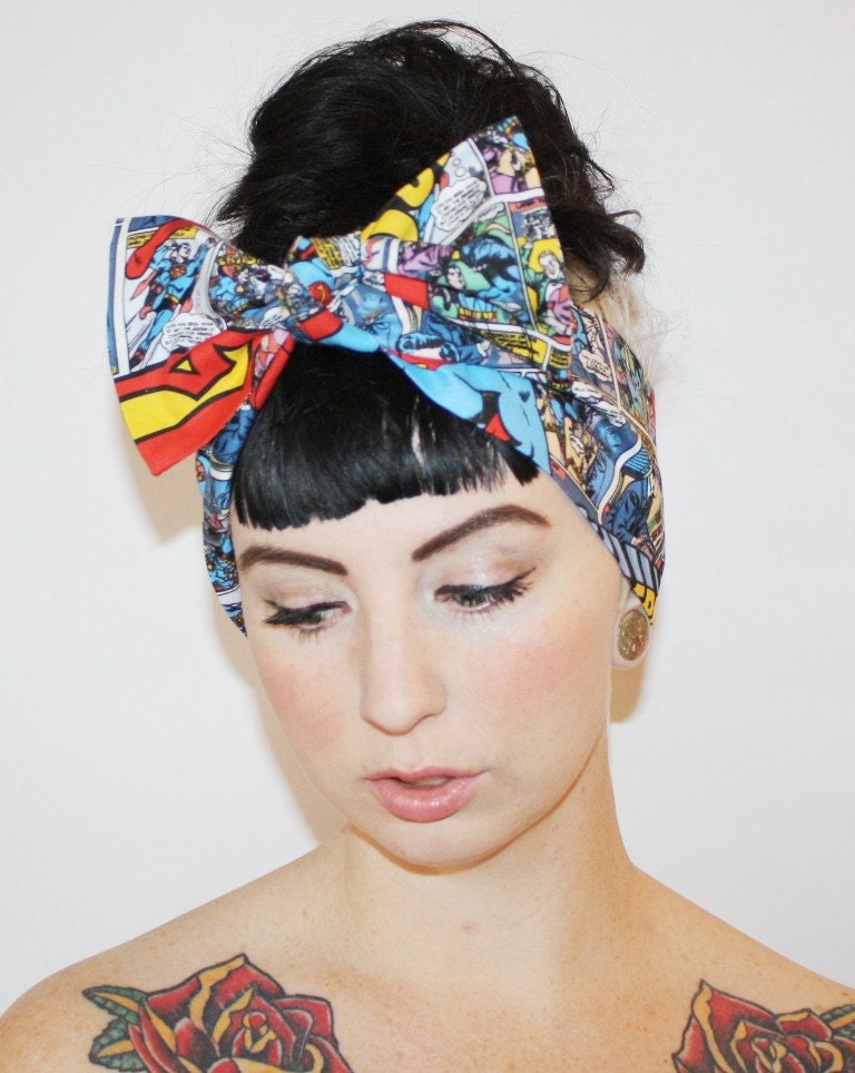 Bow hair tie, Vintage Inspired Head scarf, Superman, Comic book, Retro