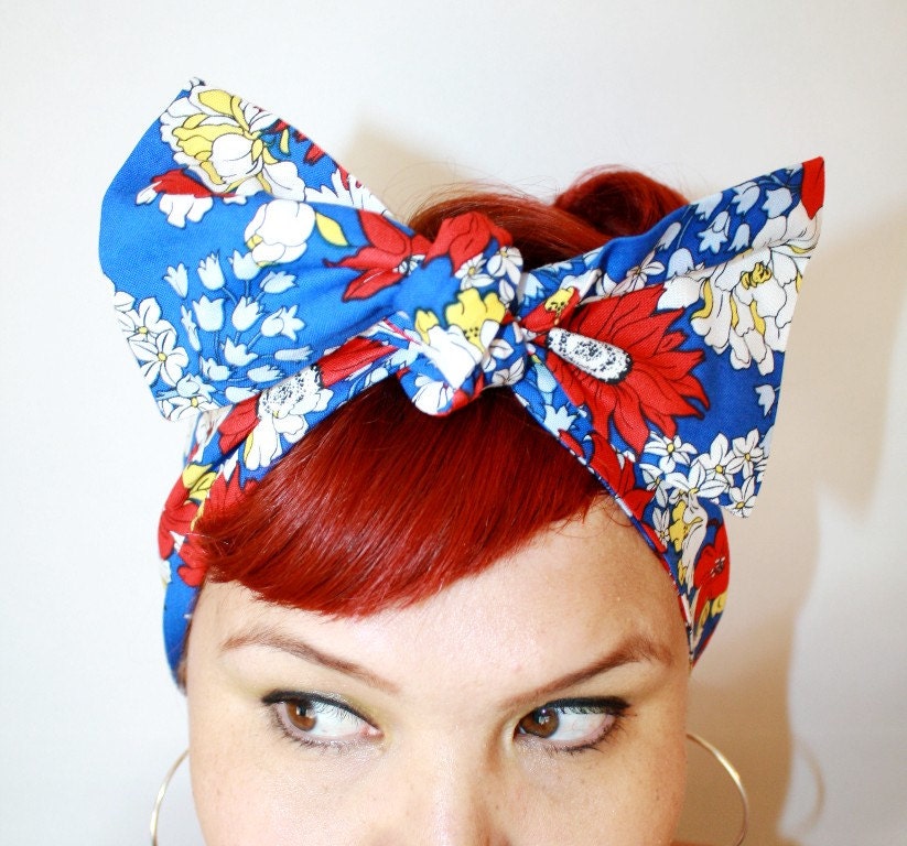 Bow hair tie, Vintage Inspired Head scarf, Red Blue and Yellow Floral Print - OhHoneyHush