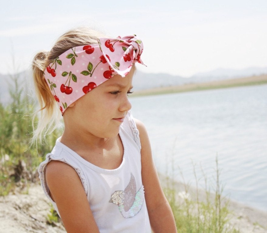Vintage Inspired Head Scarf, Kids Size, Cherries, Pink, Rockabilly, Retro