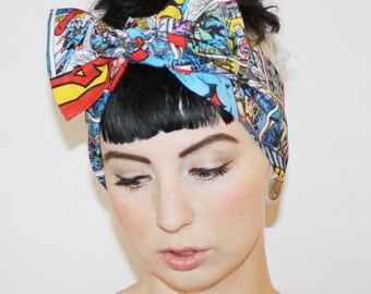 Bow hair tie, Vintage Inspired Head scarf, Superman, Comic book, Retro