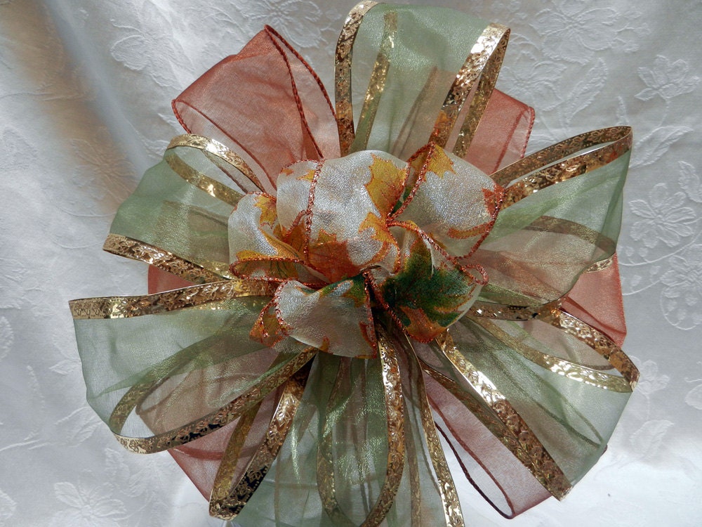 Fall Autumn Bow White ribbon imprinted with green, gold and copper leaves center on 2 sheer ribbons Copper and green with gold edge