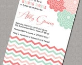 Printable Bridal Shower Invitations, Bridal Shower Invite, Peach, Mint and Coral, Chevron Stripes and Flowers - Design 1554