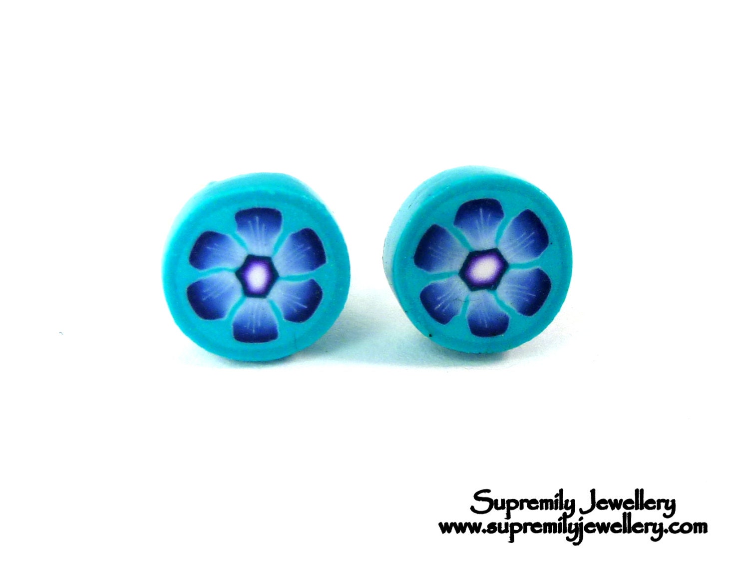 Blue Flower Stud Earrings Polymer Clay Fimo Wearable Art