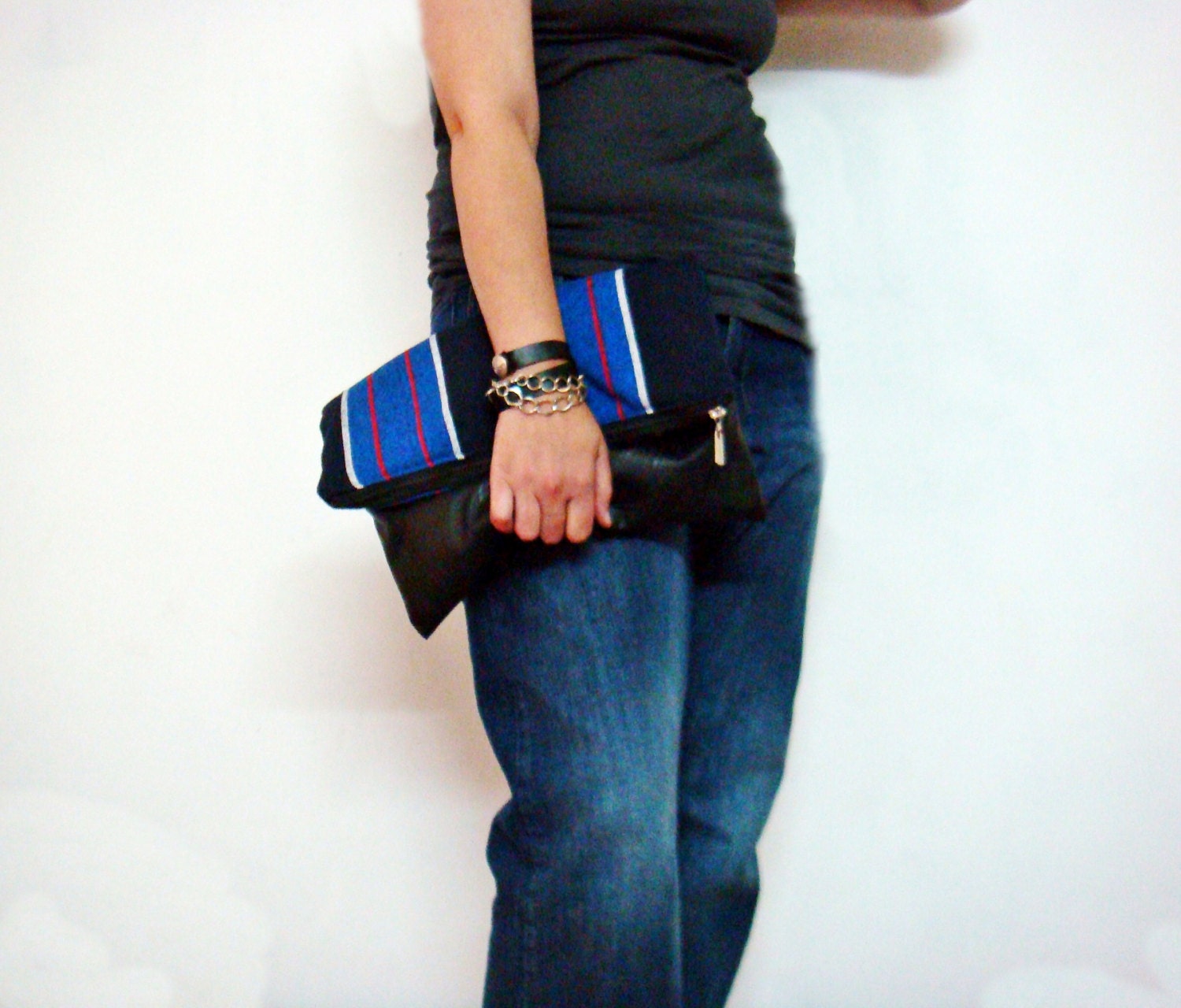 Canvas and Leather Oversized Clutch Purse Striped Foldover Bag