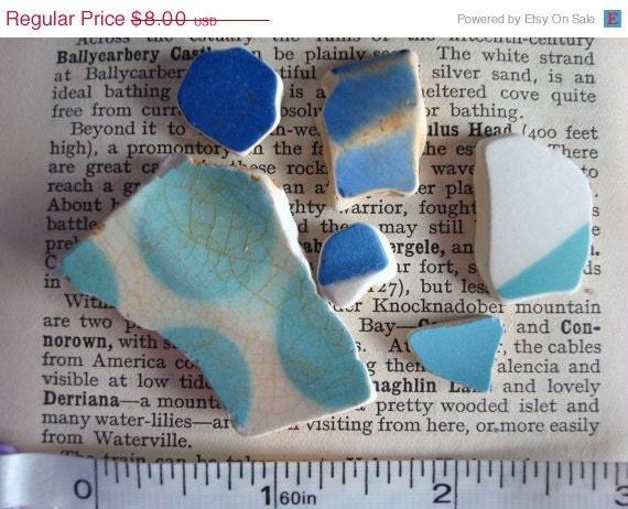ON SALE Six White and Blue Sea Pottery Pieces Irish beach pottery